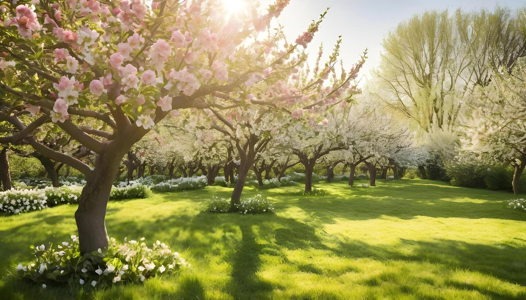 Sunny Spring Day in an Apple Orchard with White and Pink Blossoms photo
