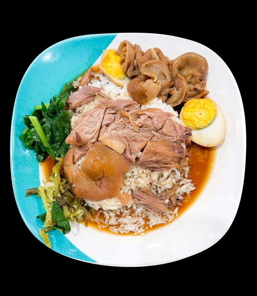 Top view of Pork Leg Stew with Rice, focus selective photo