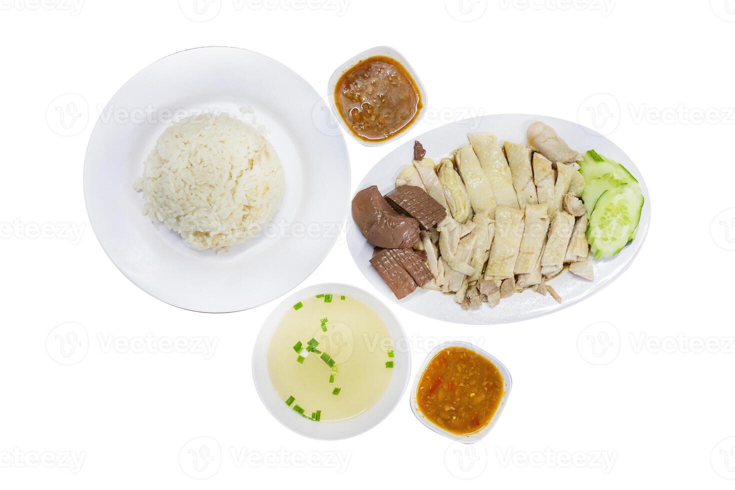 Steamed rice topped with chicken, focus selective photo