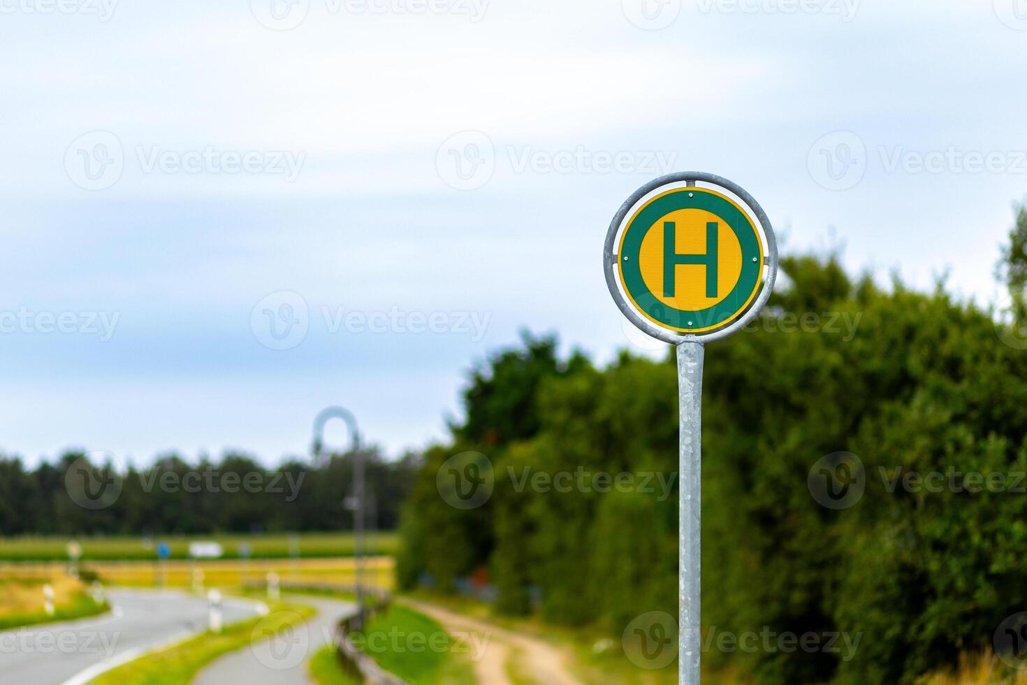 Bus stop sign located beside a winding road in a rural area with green fields under a cloudy sky photo