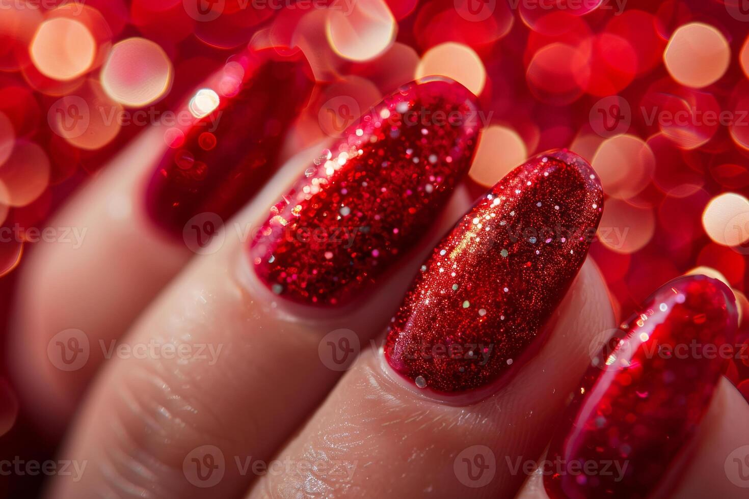 Close-up of nails with red glitter manicure photo