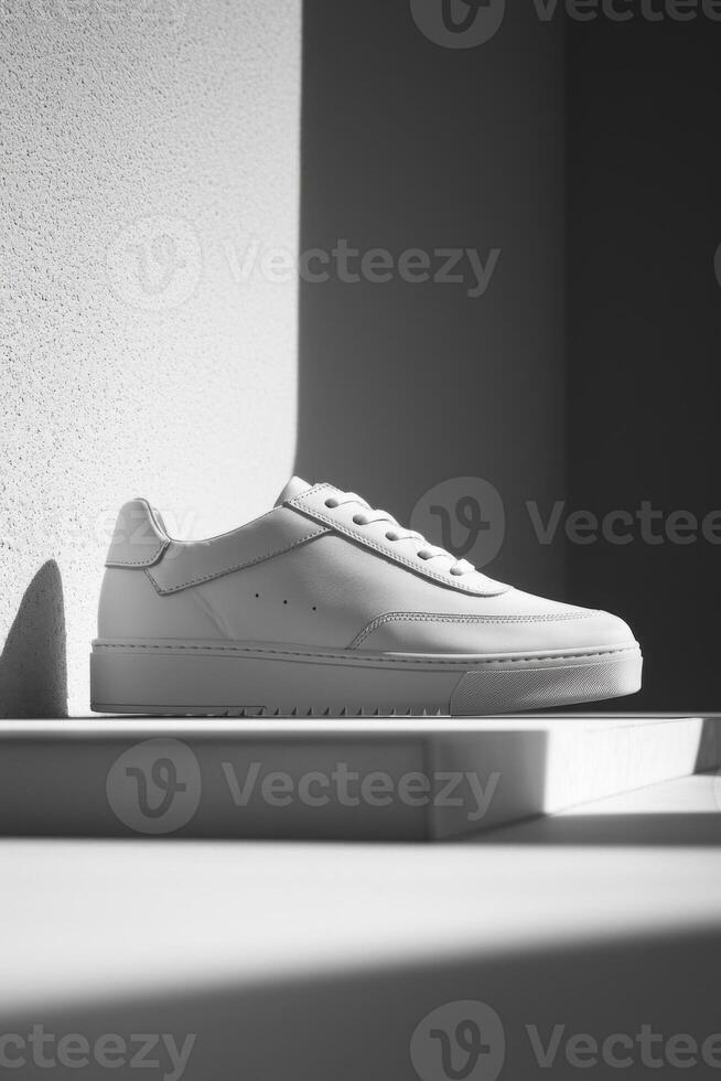 Minimal white sneaker on abstract steps with geometric background photo