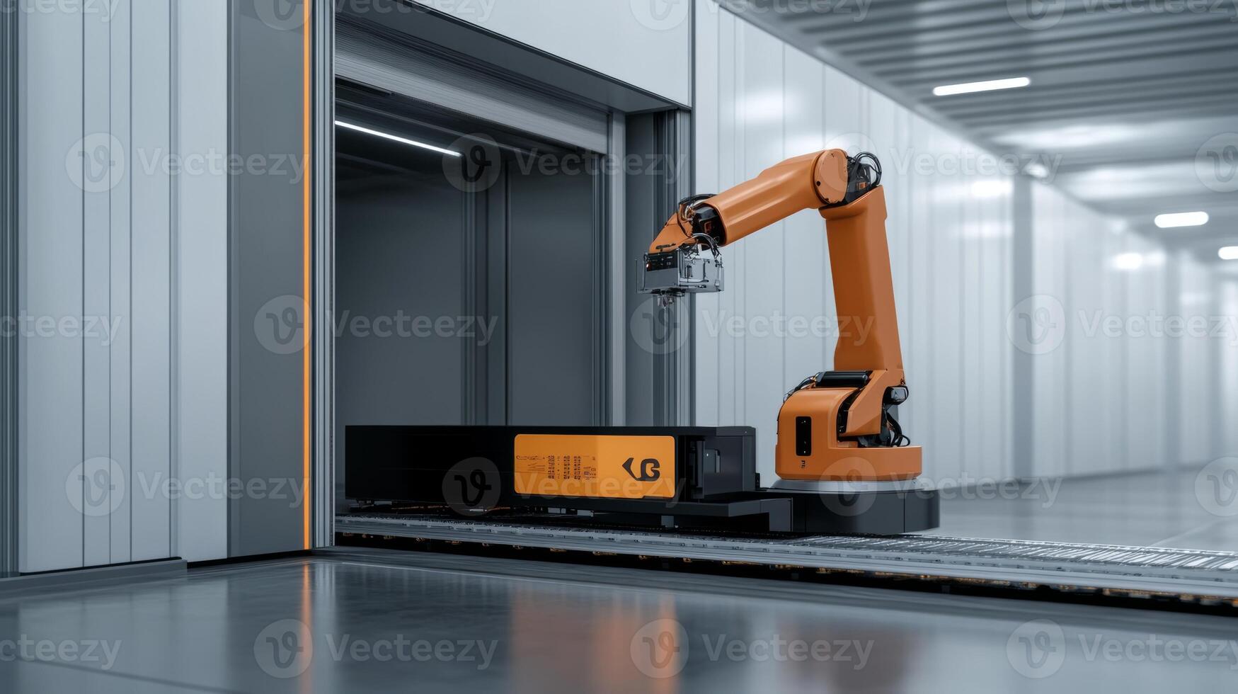 Industrial robotic arm unloading cargo in a modern warehouse environment showcasing automation technology and efficiency in logistics operations concept photo
