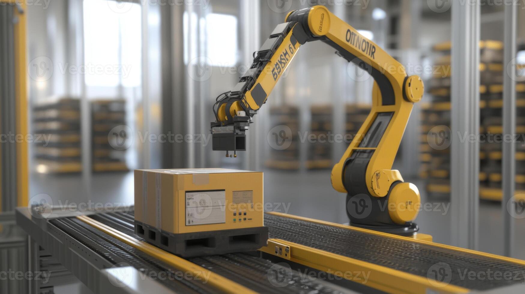Industrial robotic arm handling package in modern warehouse environment showcasing automation technology and efficiency concept photo