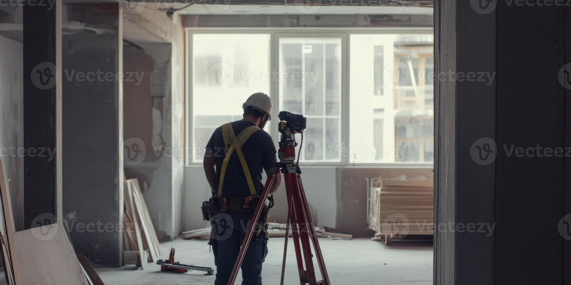 Construction worker using a total station for surveying in an unfinished building interior, modern architecture, engineering, construction site, surveying concept photo