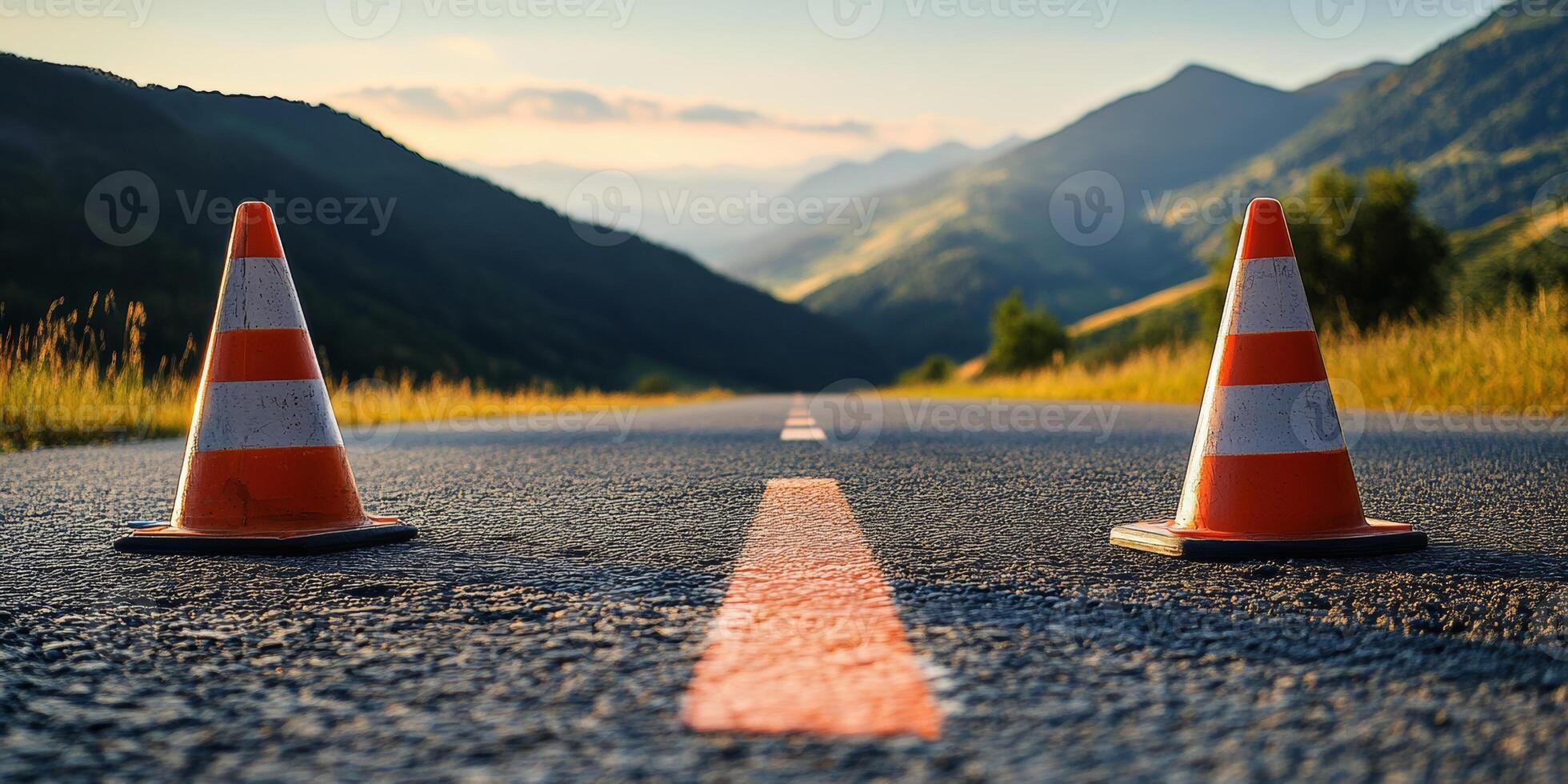 Traffic cones marking a closed road in a scenic mountainous landscape during sunset, emphasizing road safety and caution concept photo
