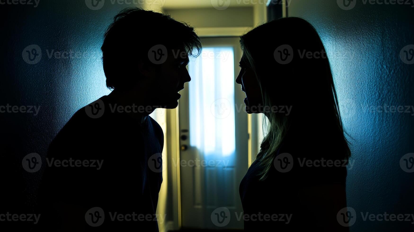 Tense confrontation between a couple in a dimly lit hallway, showcasing emotional intensity and conflict, highlighting relationship struggles concept photo
