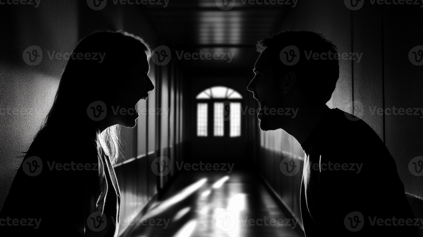 Intense emotional confrontation between two individuals captured in silhouette, highlighting the tension and drama of their argument in a dimly lit corridor, conflict concept photo