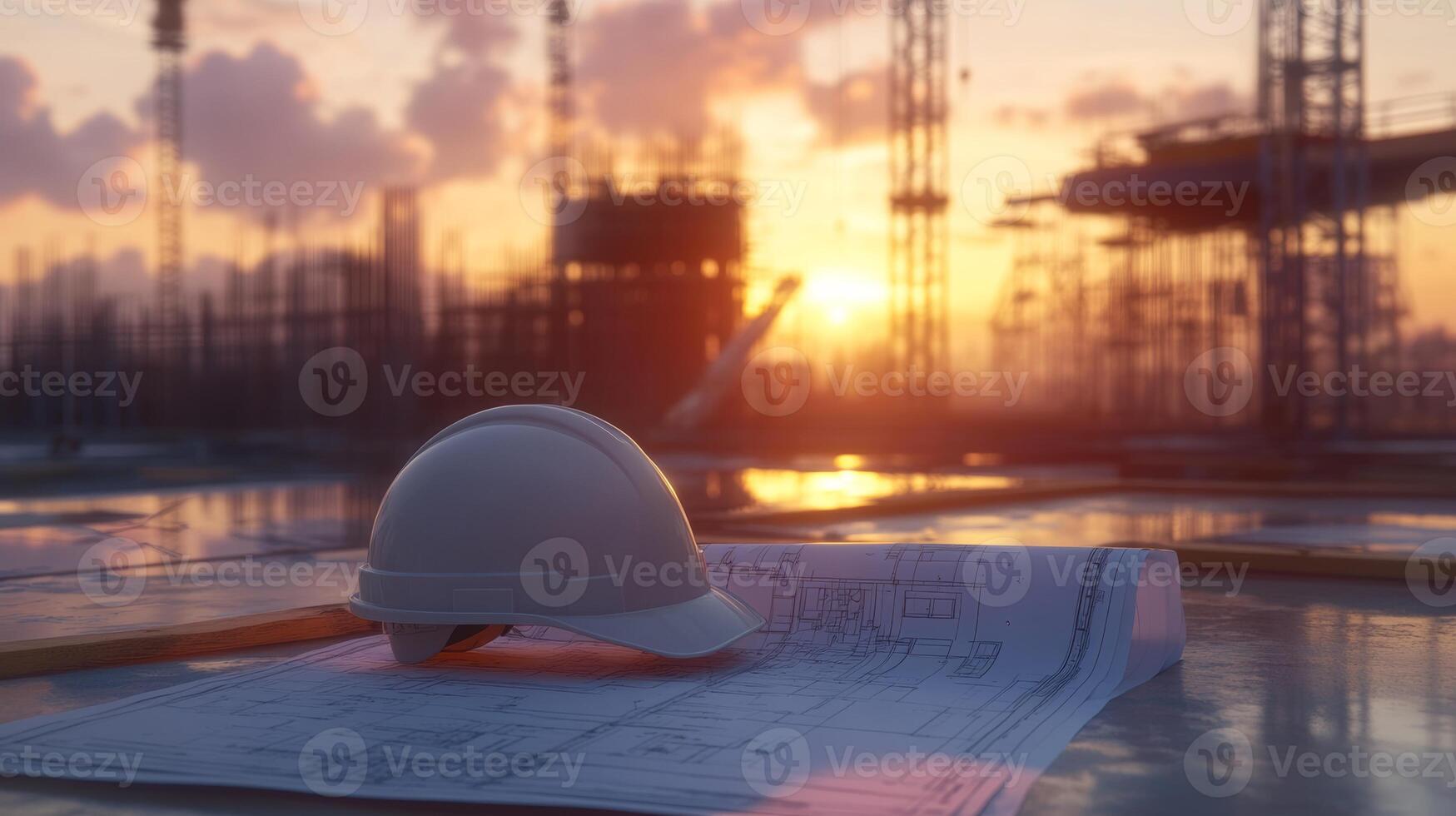 Construction site at sunset with hard hat and blueprints showcasing the importance of planning and safety in building projects, construction management concept photo
