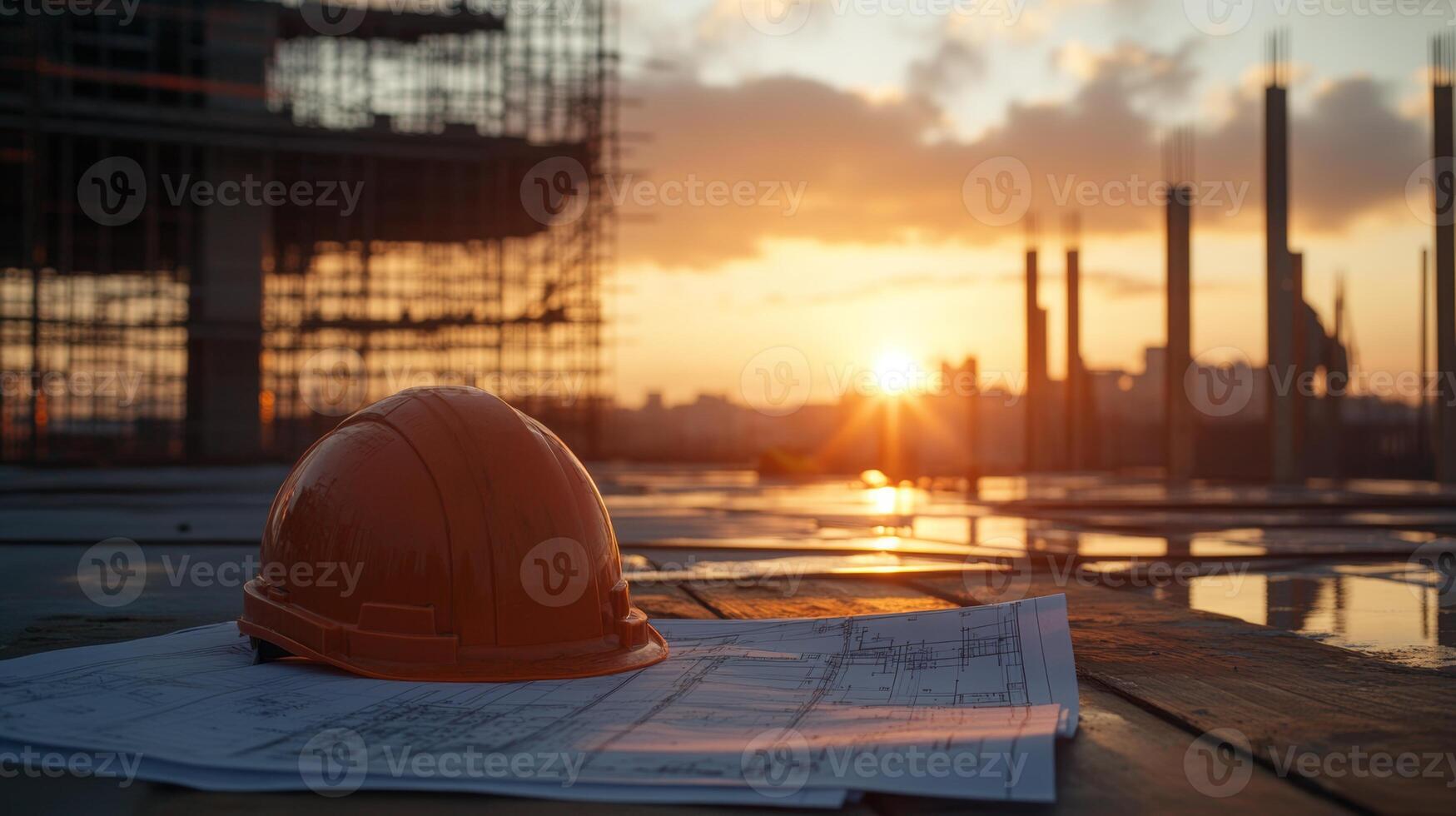Construction site at sunset with safety helmet and blueprints, showcasing the importance of safety in building projects, construction safety concept photo