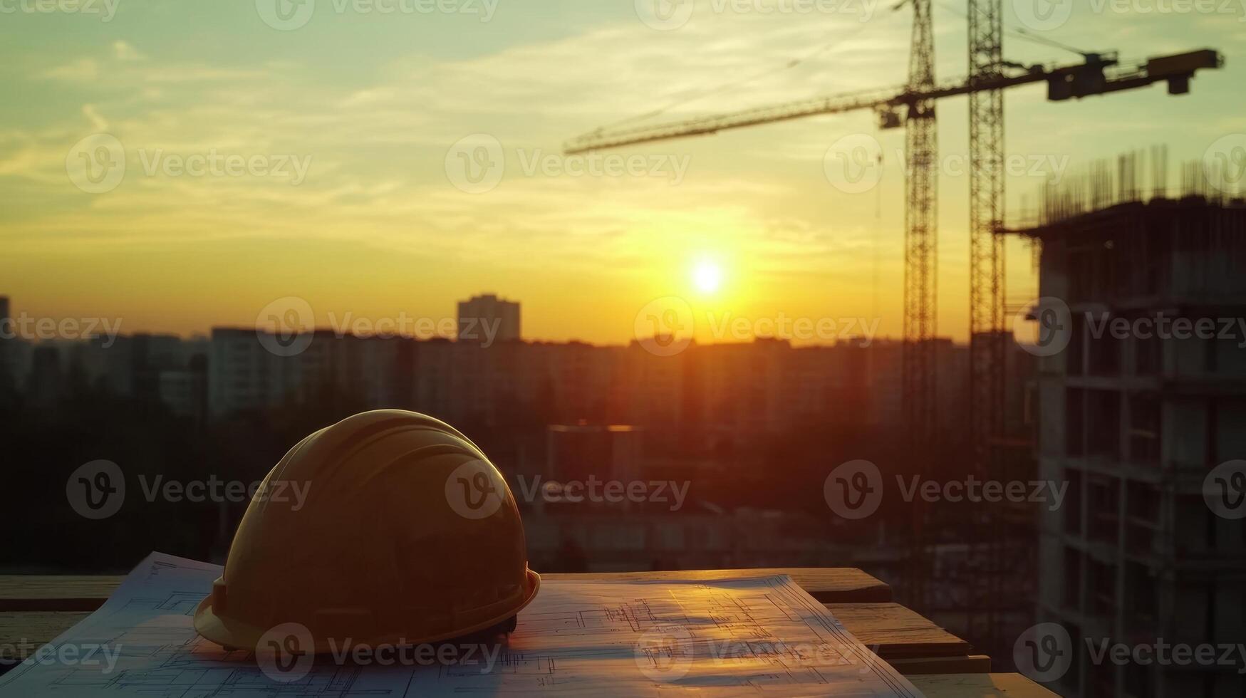 Construction helmet resting on blueprints with sunset view over city skyline and crane in background, representing construction industry concept photo