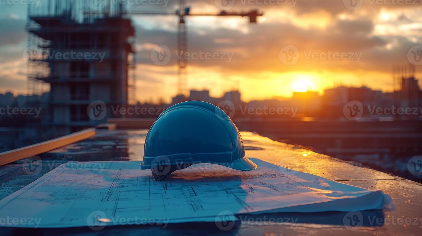 Construction site at sunset with blue hard hat resting on architectural plans, showcasing the essence of building and design, construction concept photo