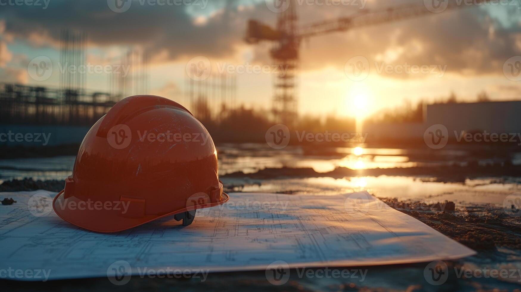 Construction helmet resting on blueprints at sunset with a crane in the background, symbolizing safety and planning in the construction industry, construction concept photo