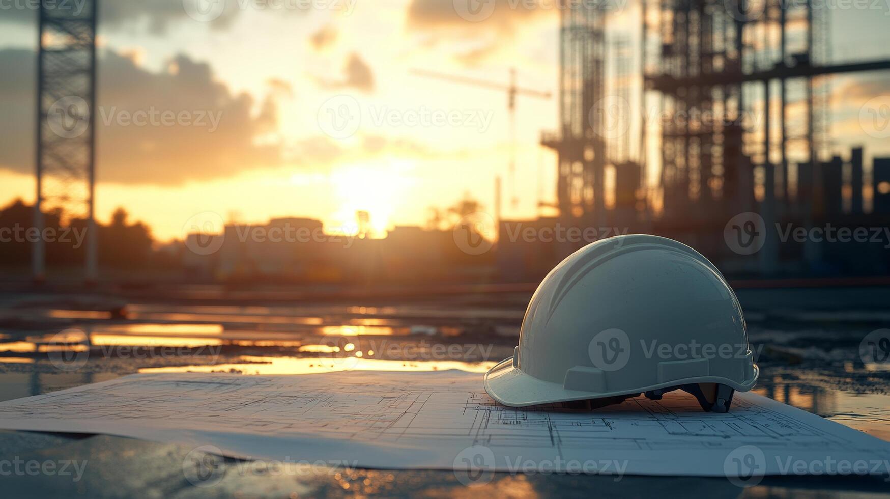 Construction site at sunset with safety helmet and blueprints, showcasing the importance of safety in building projects, construction safety concept photo