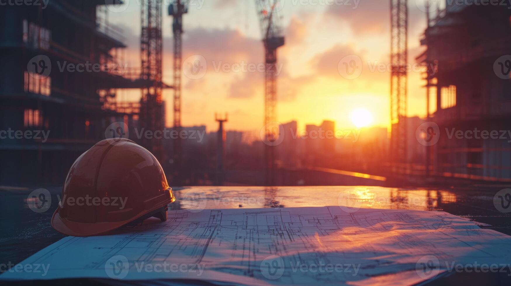 Construction site at sunset with safety helmet and blueprints showcasing urban development and engineering progress in a vibrant atmosphere, construction concept photo