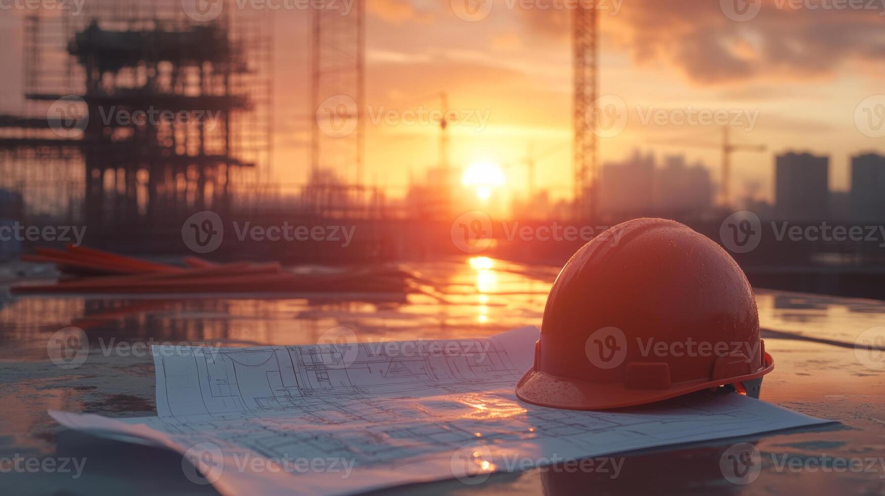 Construction site at sunset with safety helmet and blueprints showcasing the importance of planning and safety in building projects, construction safety concept photo