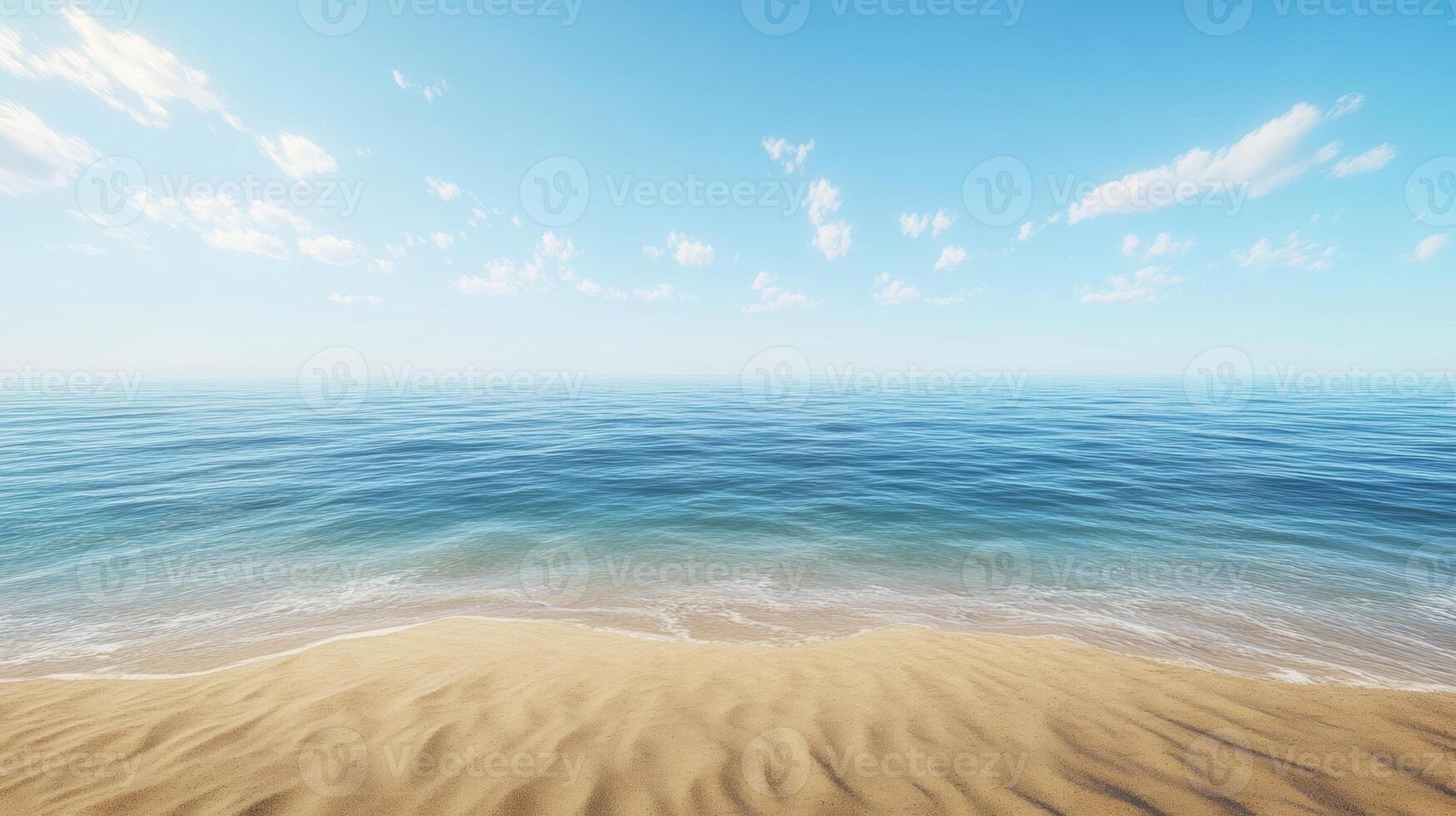 Serene empty beach with soft golden sand and tranquil calm sea under a clear blue sky photo