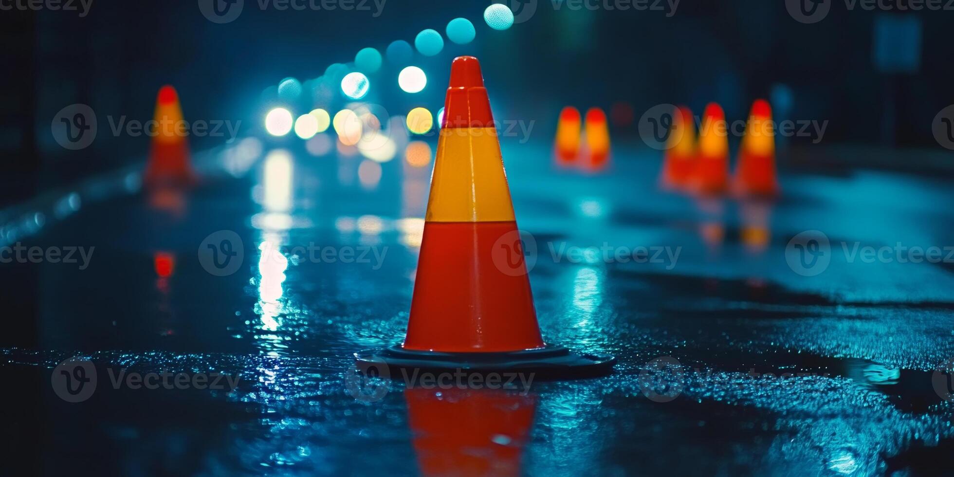 Traffic cones illuminated by streetlights on a rainy night create a vibrant urban scene showcasing safety and caution in city environments, safety concept photo
