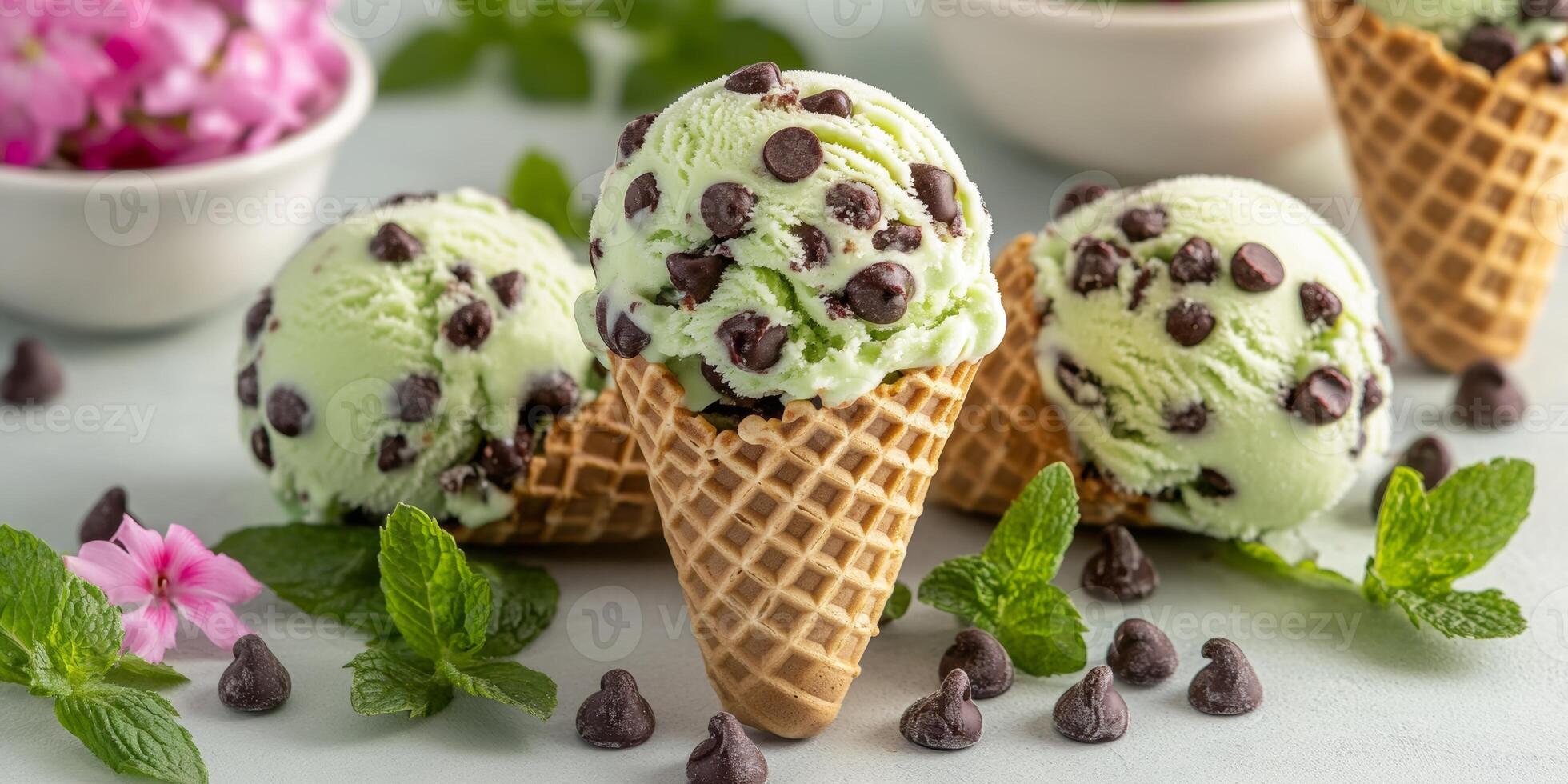 Mint chocolate chip ice cream cone perfect for summer enjoyment with inviting textures and vibrant colors photo