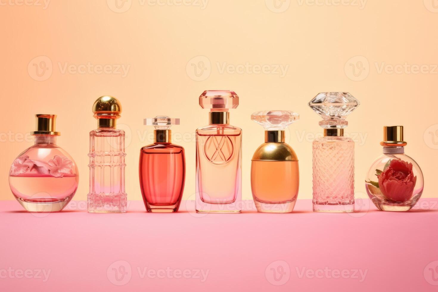 perfume bottles. a lot of transparent multi-colored glass bottles of cosmetics on a pink background. photo