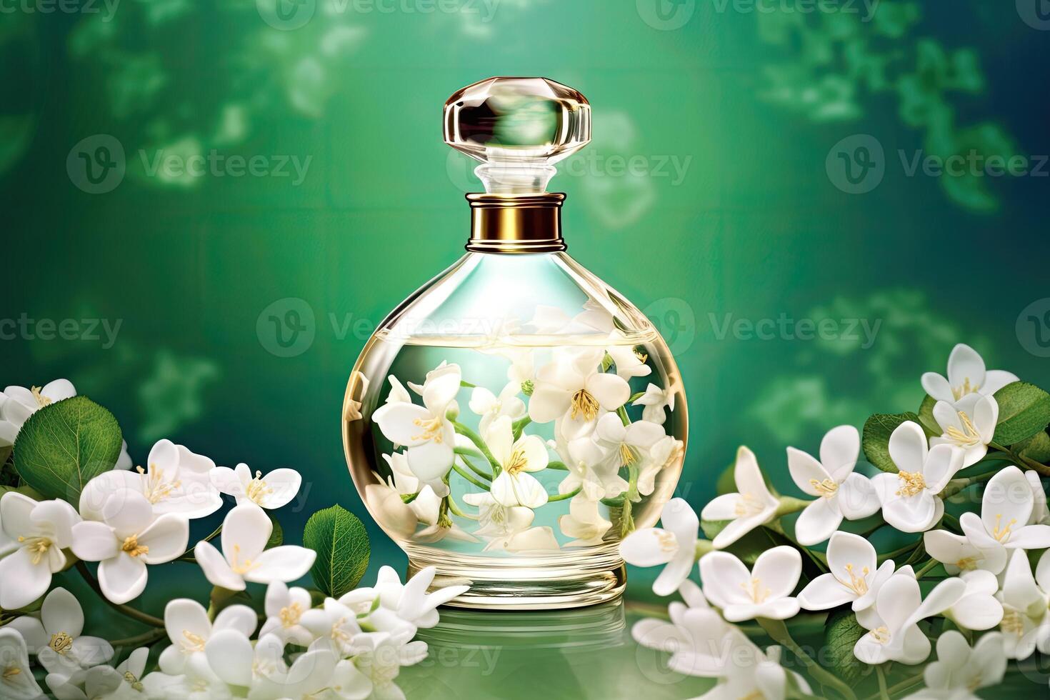 Floral perfume with jasmine flower scent. Glass bottle, scent spray bottle with fragrance. photo