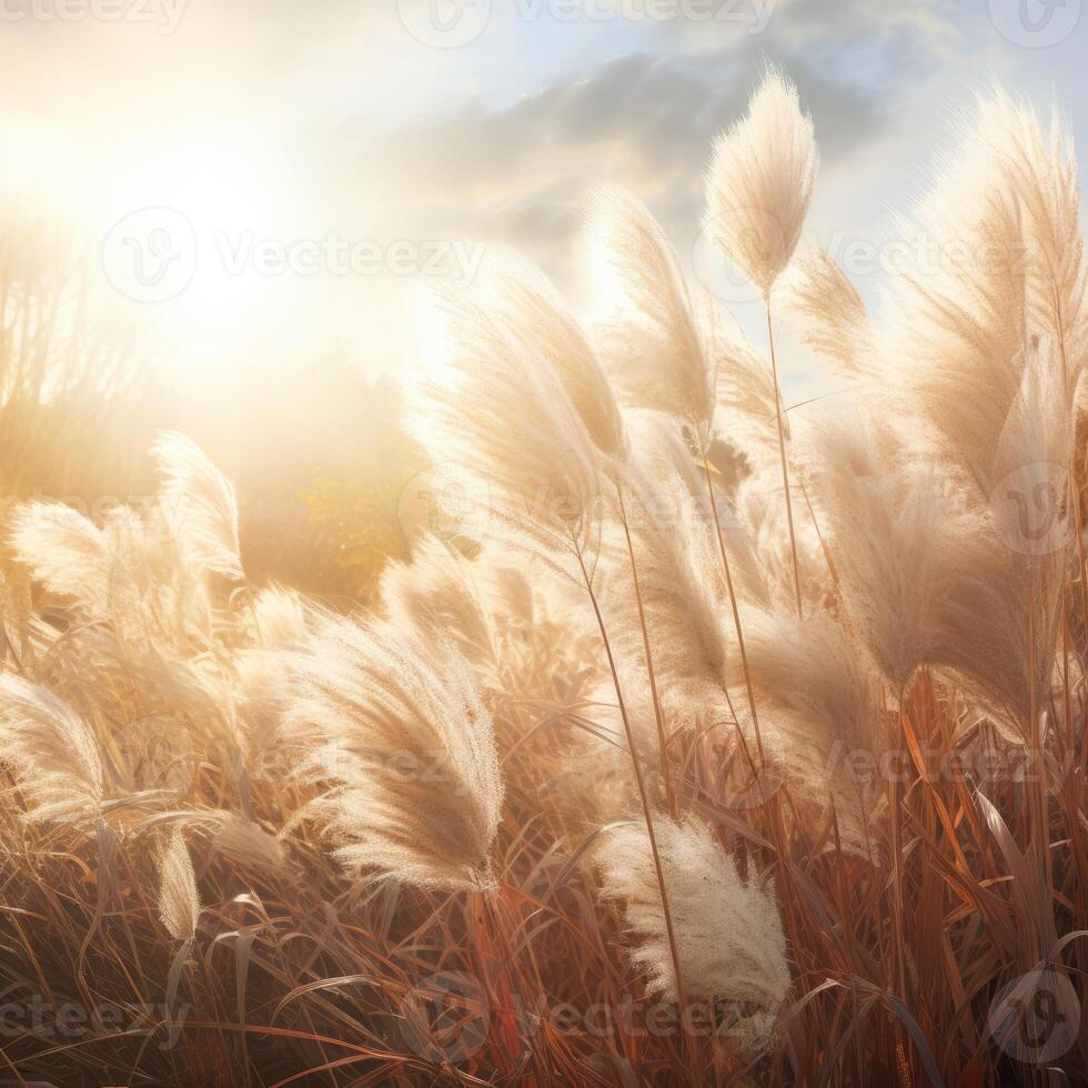 Abstract natural background of soft plants Cortaderia selloana. Pampas grass on a blurry bokeh, Dry reeds boho style. Fluffy stems of tall grass. photo