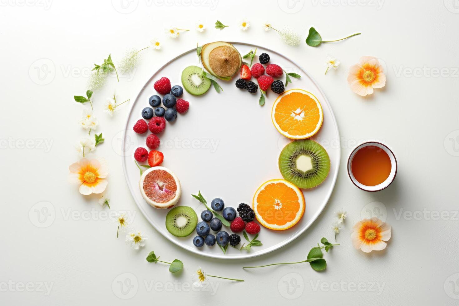 white plate with healthy food, fruits and berries on a white background, top view, free space. photo