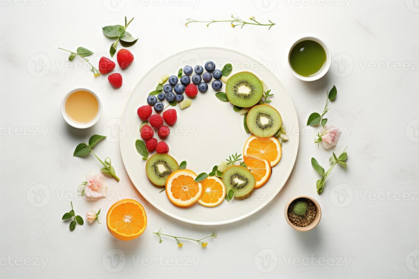 white plate with healthy food, fruits and berries on a white background, top view, free space. photo