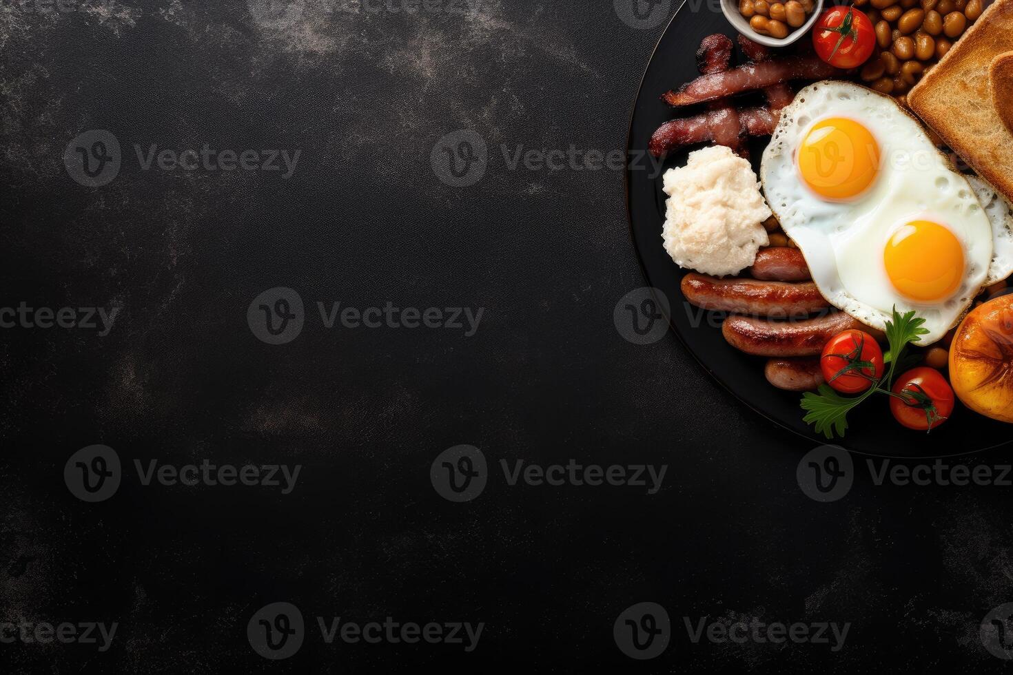 English breakfast on a plate with scrambled eggs, sausages, bacon, beans, toast and coffee on a dark stone background. photo
