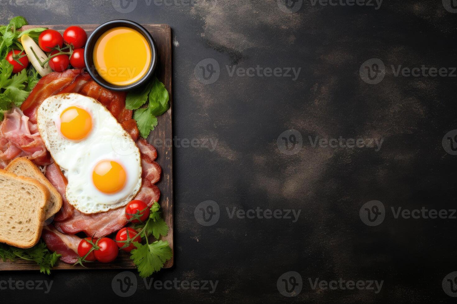 English breakfast on a plate with scrambled eggs, sausages, bacon, beans, toast and coffee on a dark stone background. photo