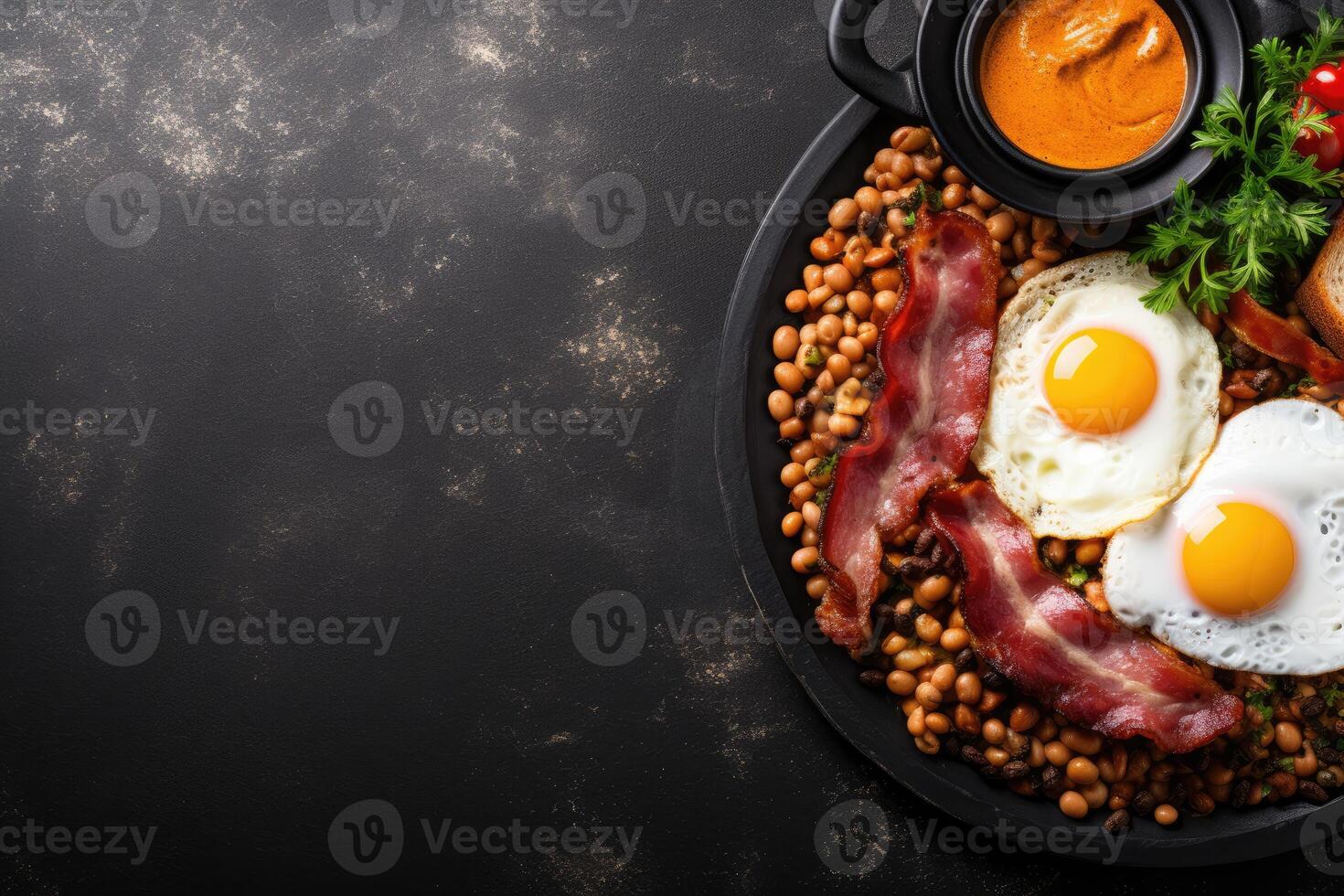 English breakfast on a plate with scrambled eggs, sausages, bacon, beans, toast and coffee on a dark stone background. photo