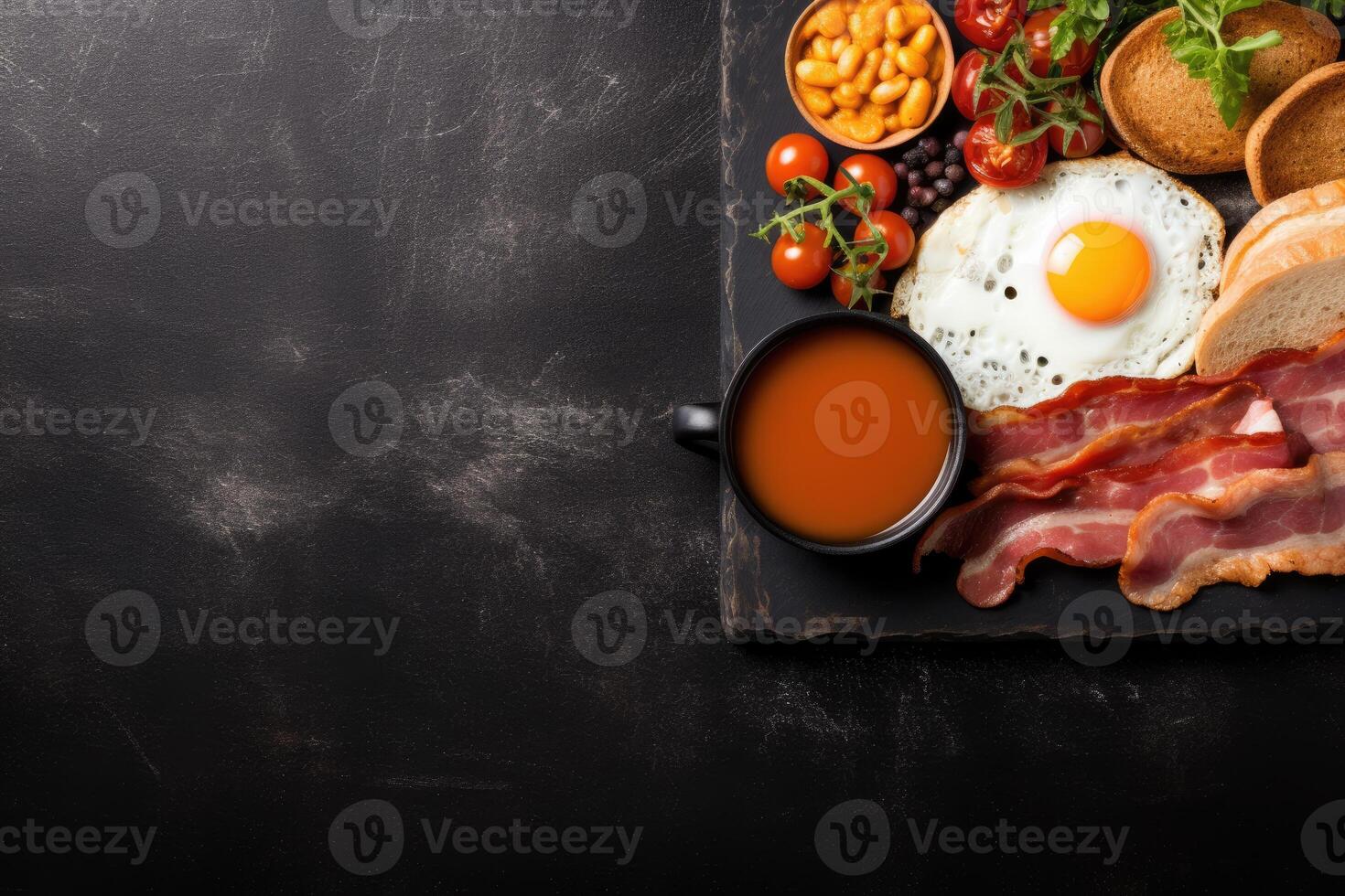 English breakfast on a plate with scrambled eggs, sausages, bacon, beans, toast and coffee on a dark stone background. photo
