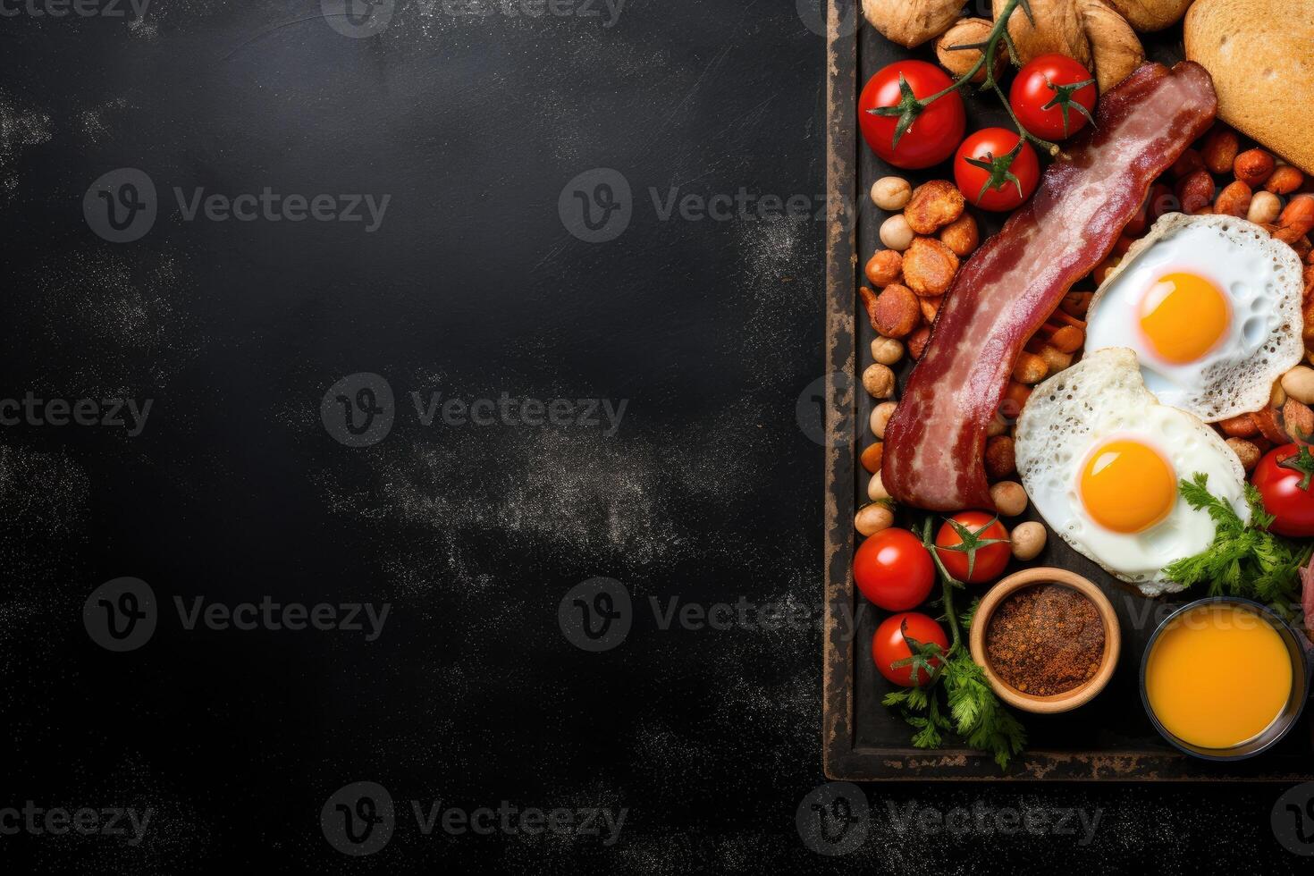 English breakfast on a plate with scrambled eggs, sausages, bacon, beans, toast and coffee on a dark stone background. photo