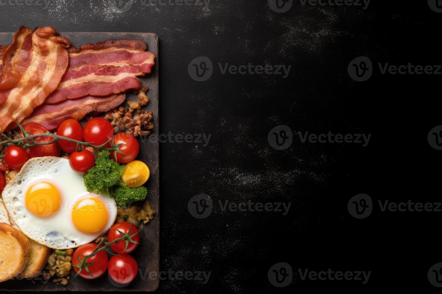 English breakfast on a plate with scrambled eggs, sausages, bacon, beans, toast and coffee on a dark stone background. photo