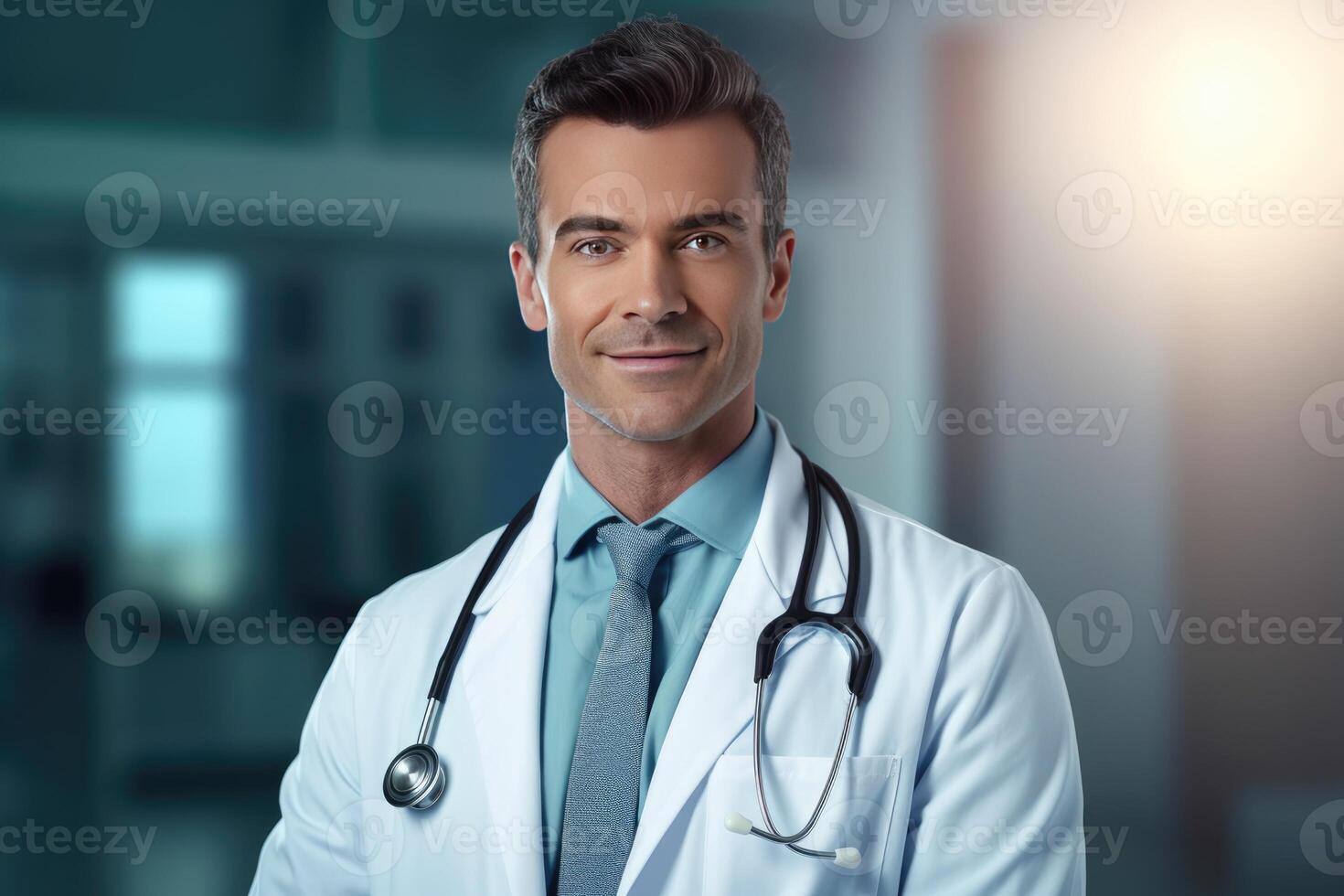 Portrait of friendly european doctor in workwear with stethoscope on neck posing in clinic interior, looking and smiling at camera photo