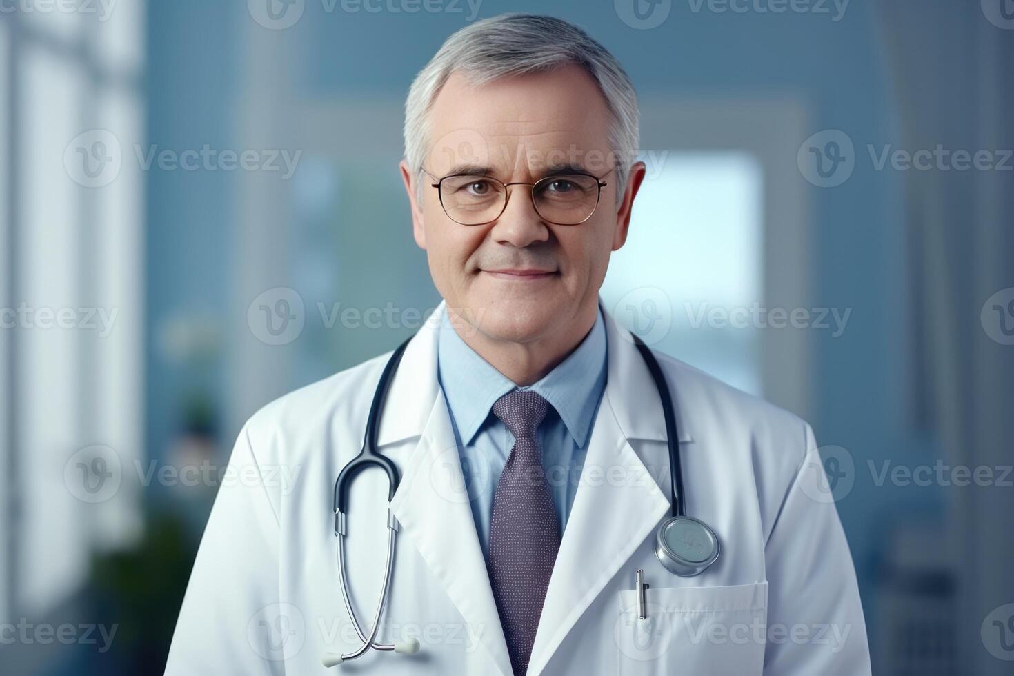 Portrait of friendly european doctor in workwear with stethoscope on neck posing in clinic interior, looking and smiling at camera photo