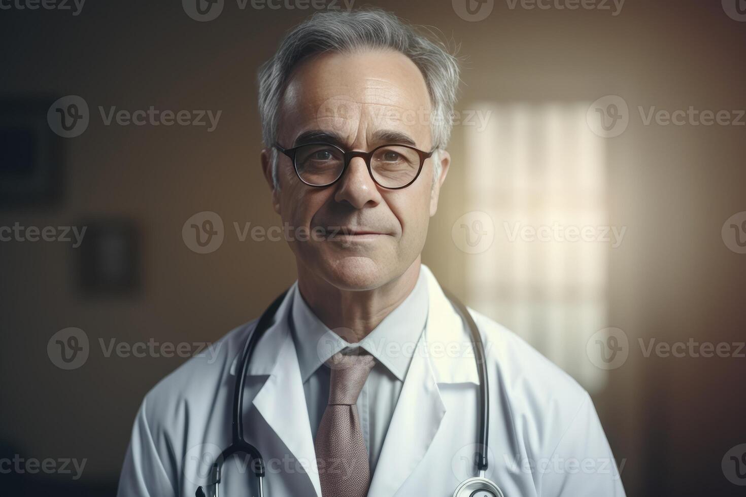 Portrait of friendly european doctor in workwear with stethoscope on neck posing in clinic interior, looking and smiling at camera photo