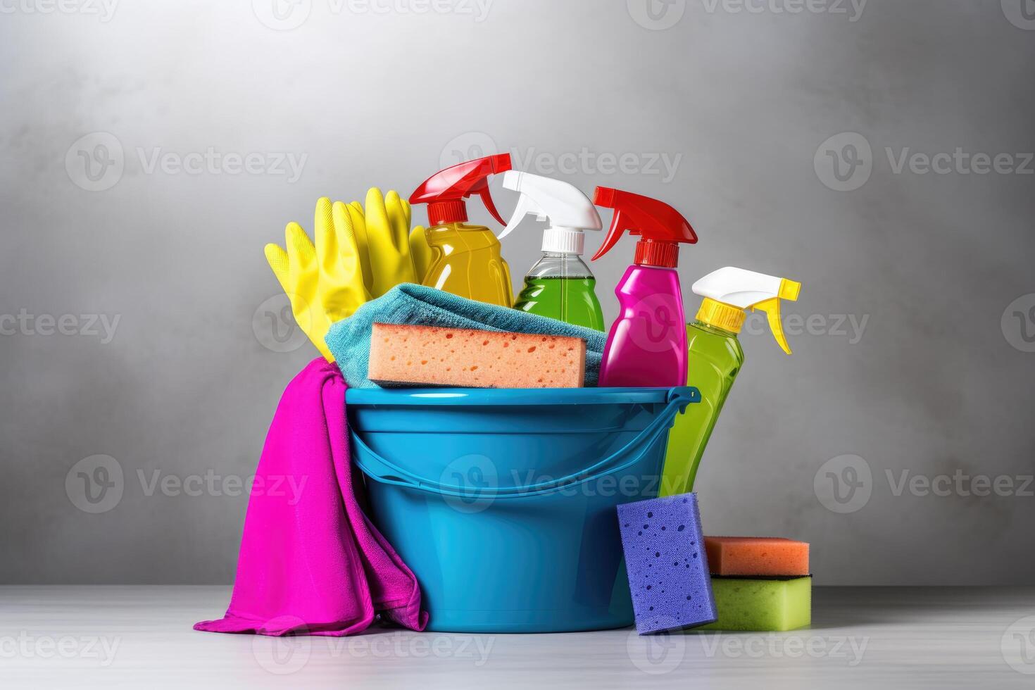 Bucket with cleaning products on the table on a gray background photo