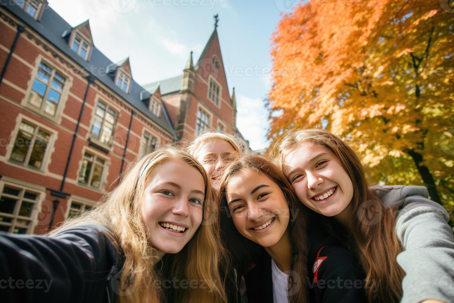 Cheerful Multicultural Students Posing Together Making Selfie Near University Building Outdoors. College Education Concept photo