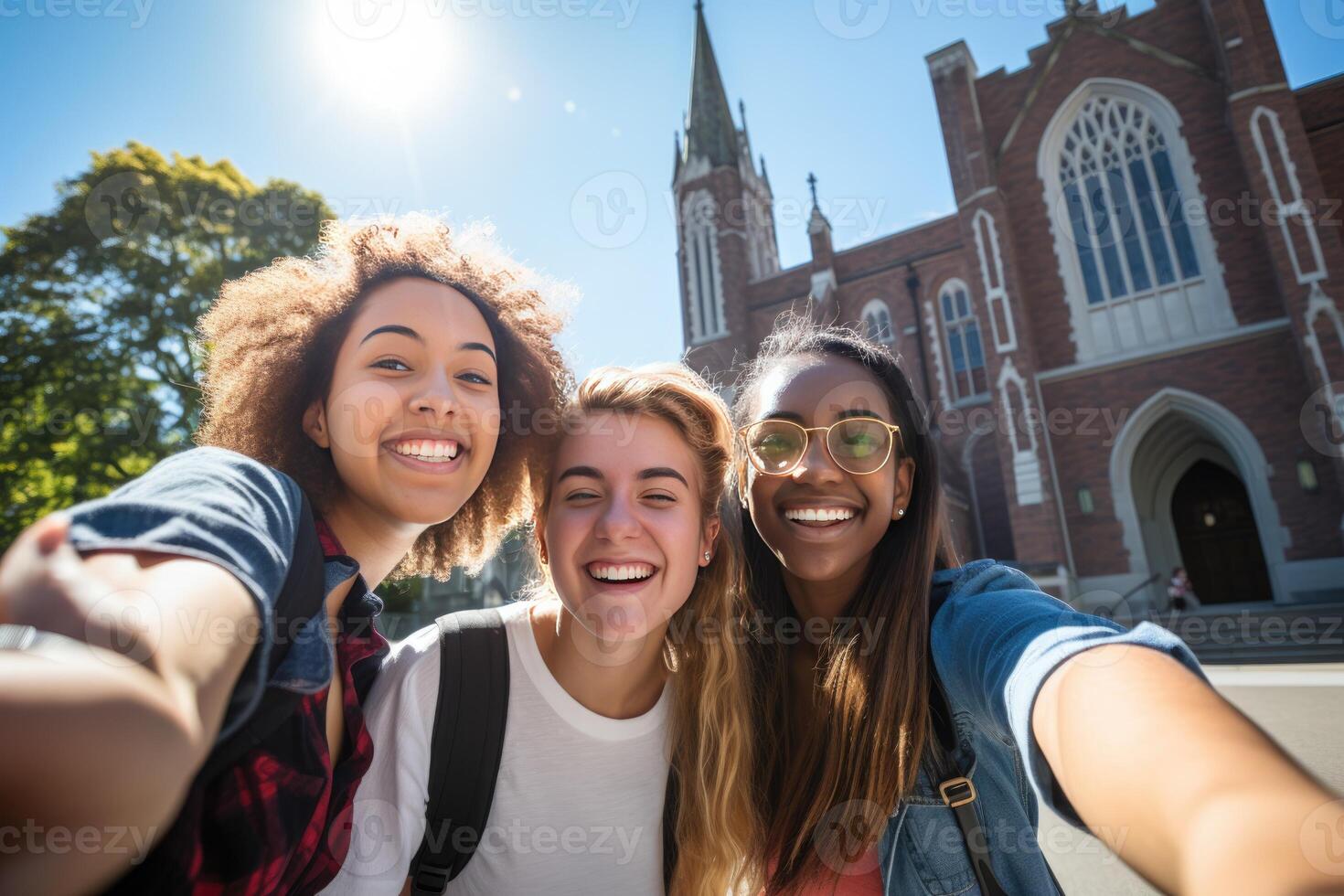 Cheerful Multicultural Students Posing Together Making Selfie Near University Building Outdoors. College Education Concept photo