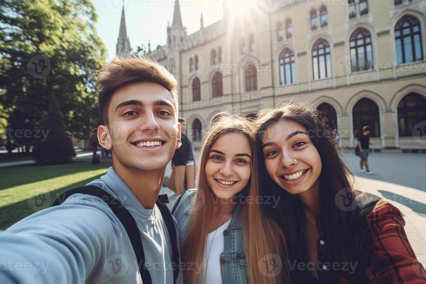 Cheerful Multicultural Students Posing Together Making Selfie Near University Building Outdoors. College Education Concept photo