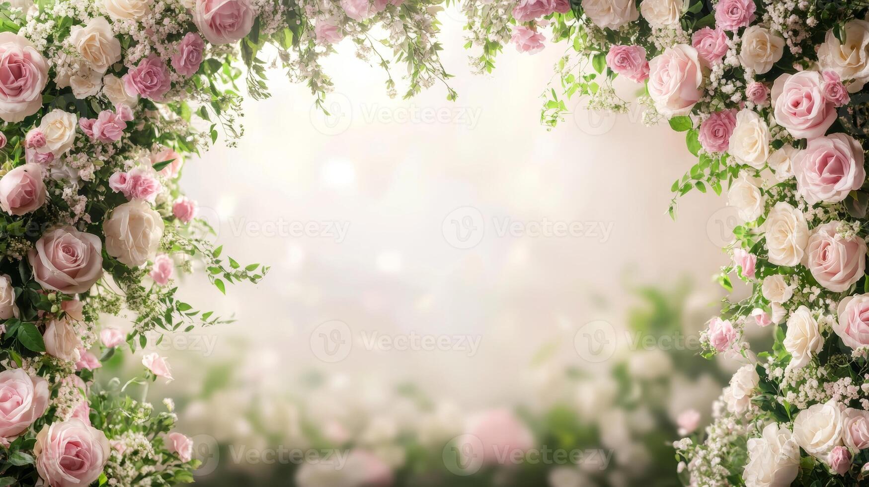 Elegant floral archway adorned with soft pink and white roses during a serene garden gathering photo