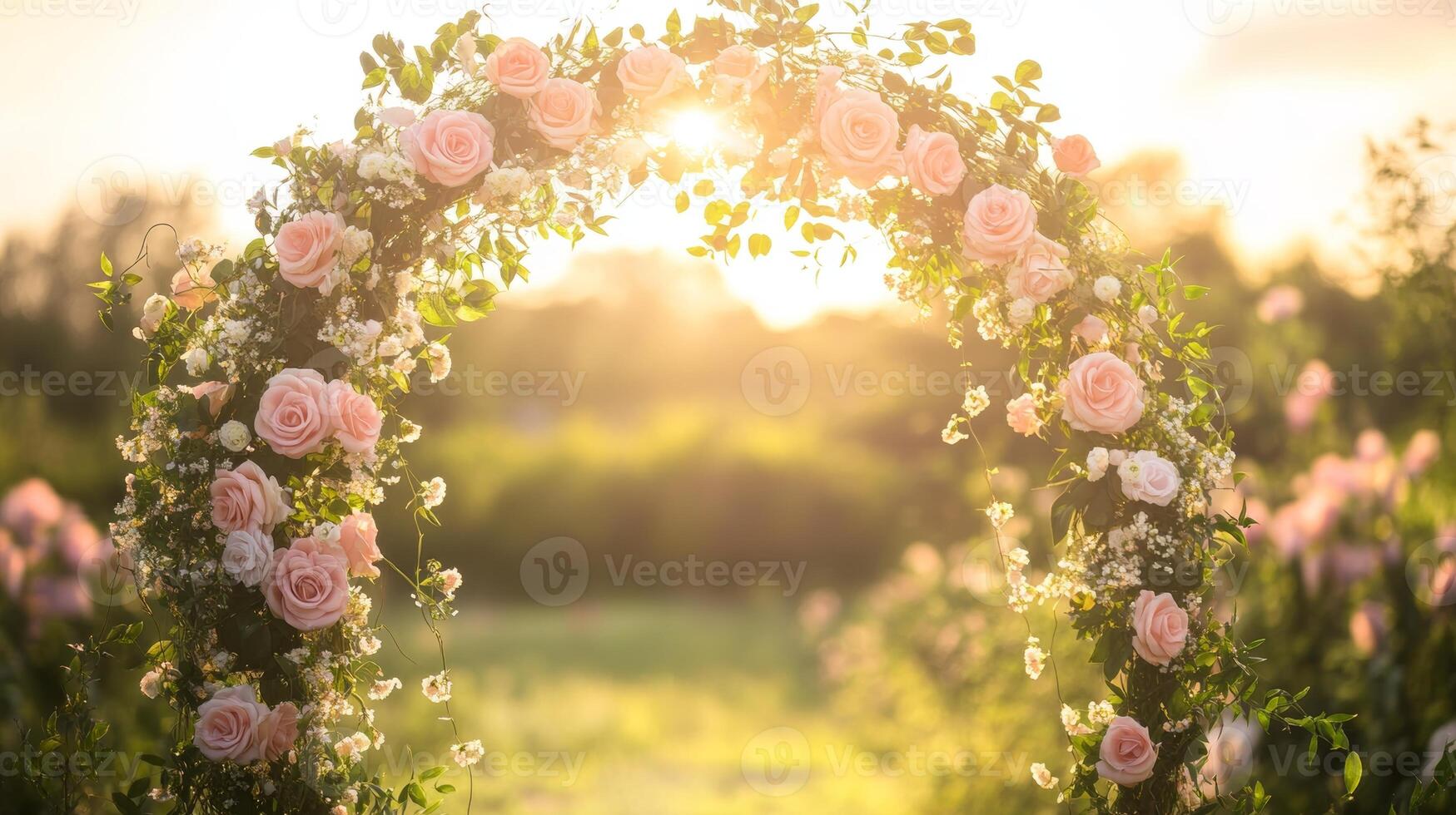 Beautiful floral arch at sunset in a scenic garden setting with blooming flowers photo