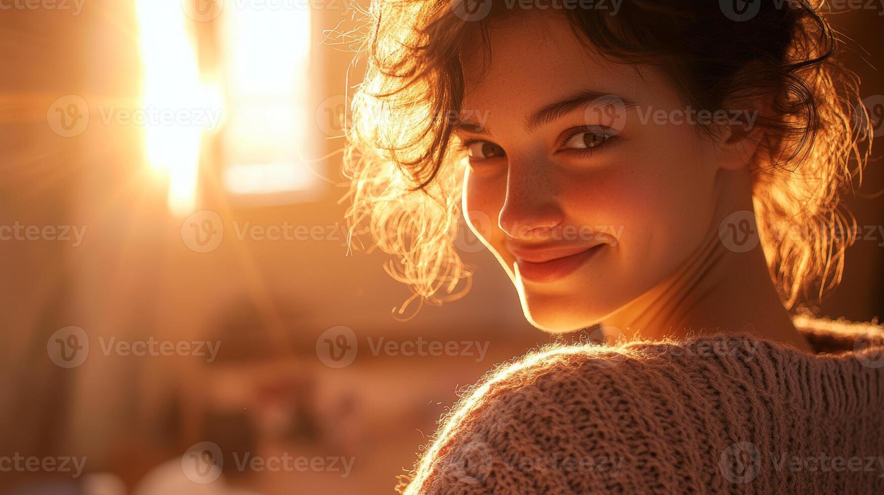 Young woman smiles softly as sunlight streams through a window in a cozy indoor setting during the afternoon photo