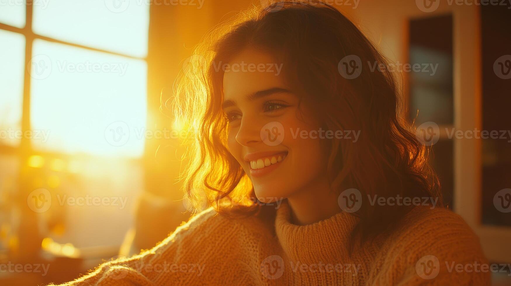 Warm sunlight streaming through the window highlights a smiling woman during morning coffee in a cozy room photo