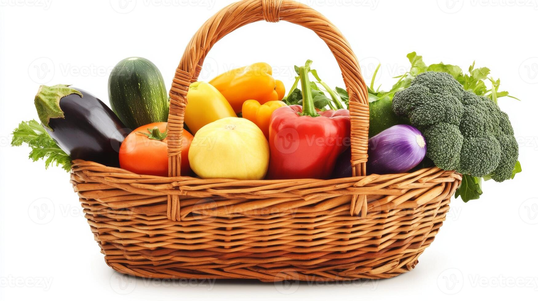 Freshly harvested vegetables arranged in a woven basket on a bright background showcasing autumn bounty photo