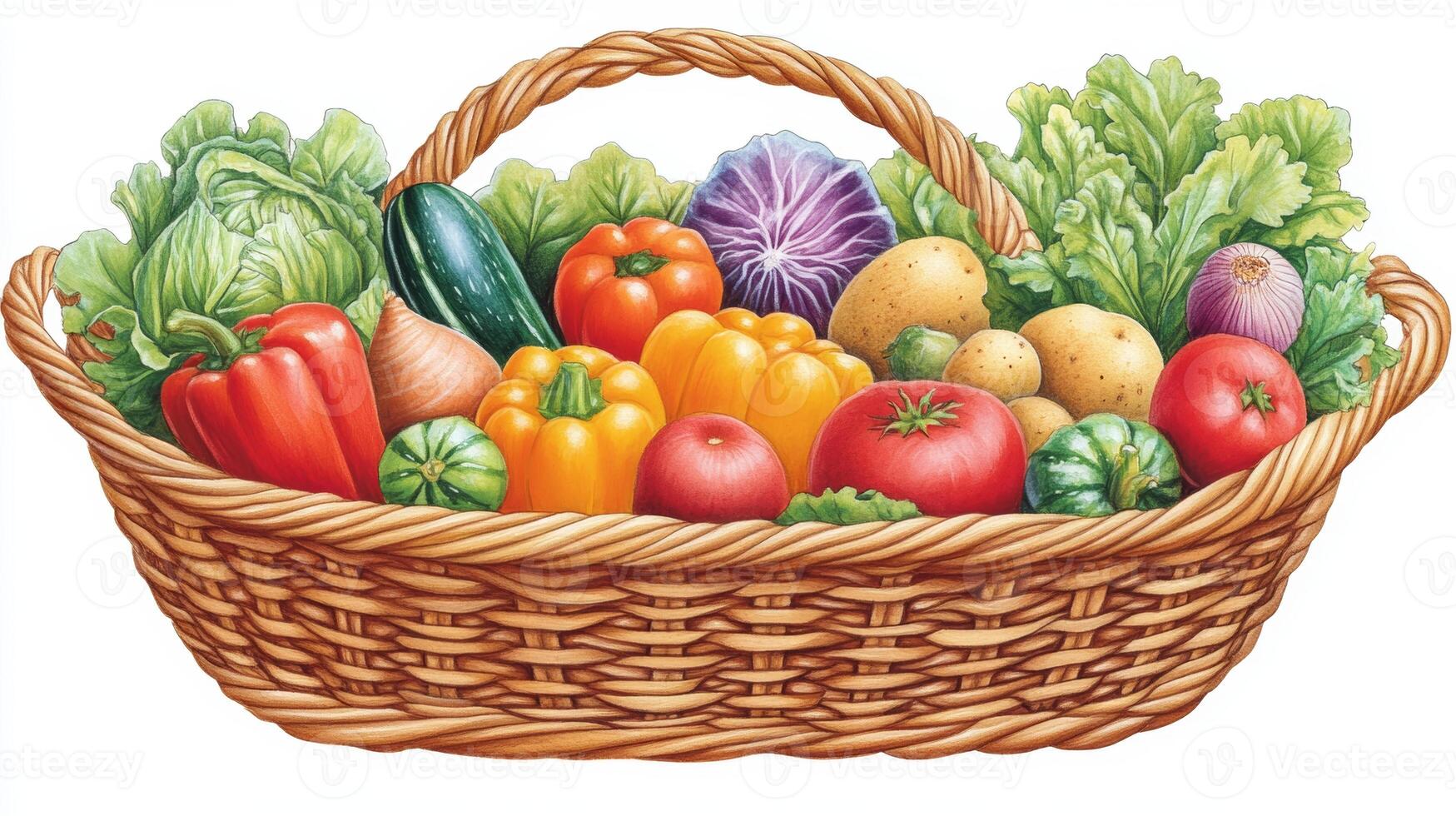 Colorful vegetable basket filled with fresh produce from a local market in a sunny farm setting photo