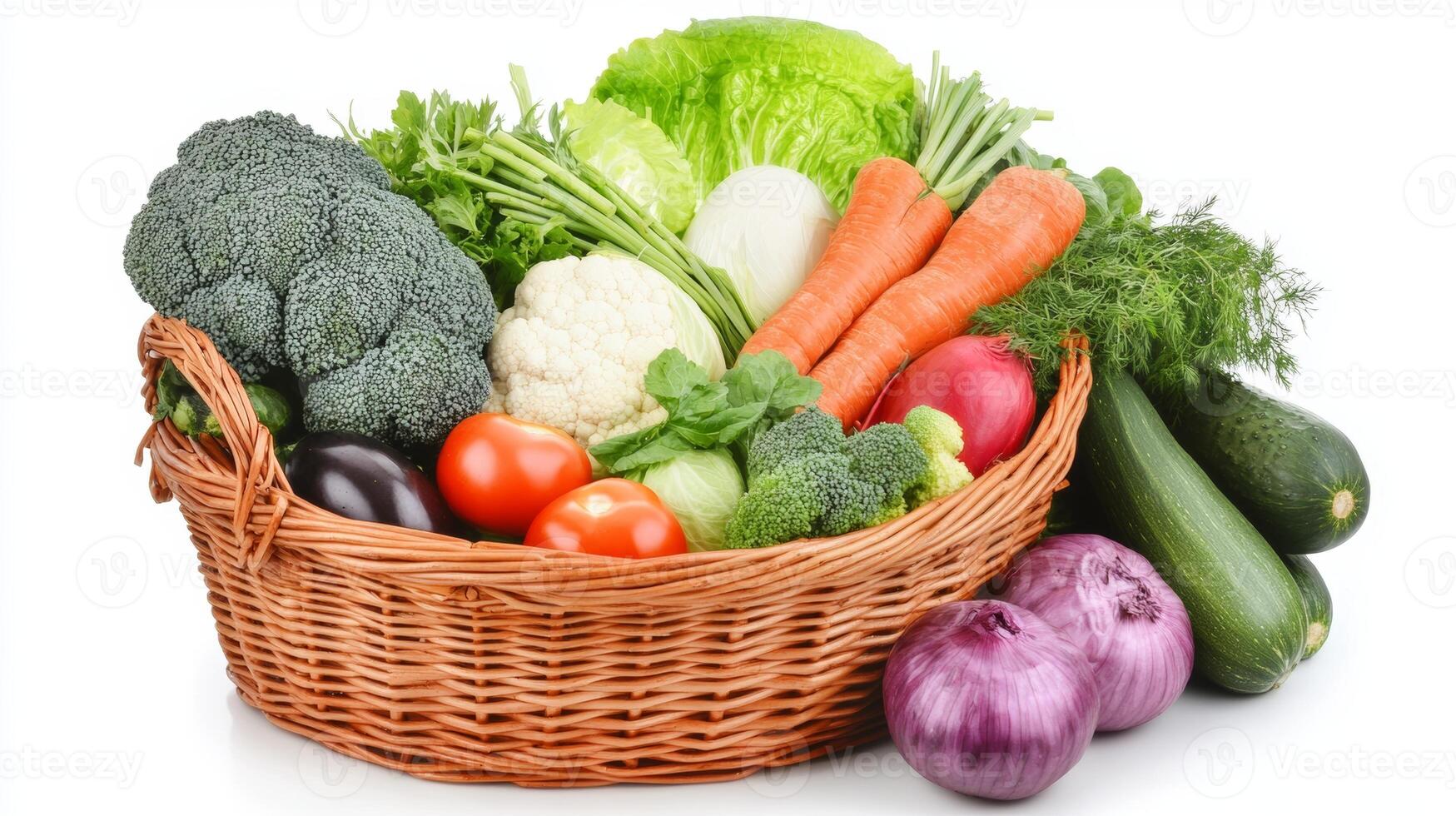 Freshly harvested vegetables in a woven basket ready for preparation and cooking photo