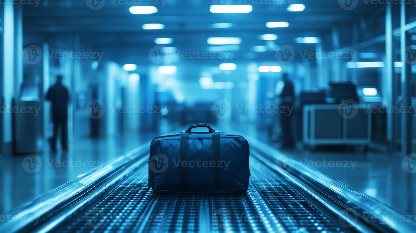 Baggage left behind at an airport check-in area during the evening hours with dim lighting and staff around photo