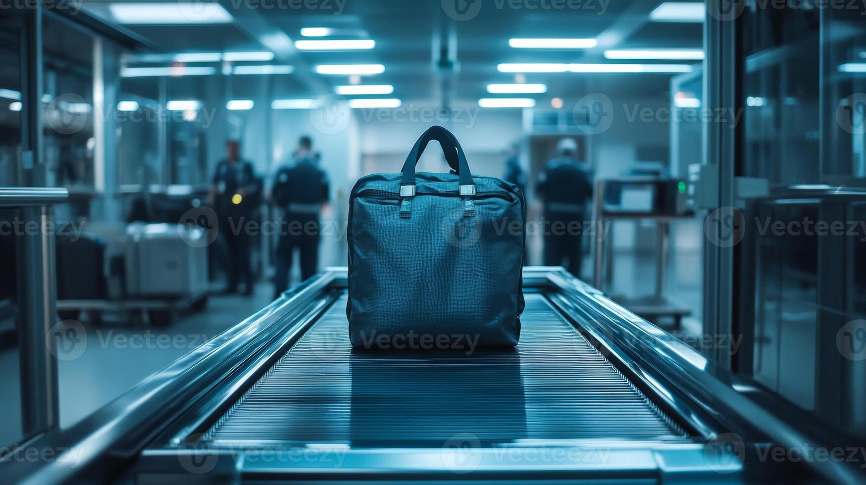 Security checkpoint shows a lone bag on the conveyor belt at a busy airport in the evening photo
